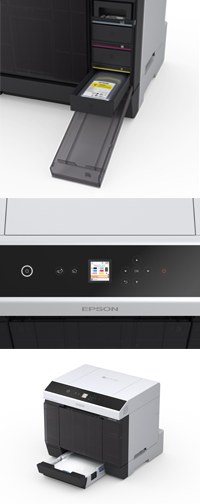 Image of a SureLab SL-D1060 high quality duplexing photo and photobook printer showing ink loading controls and paper tray