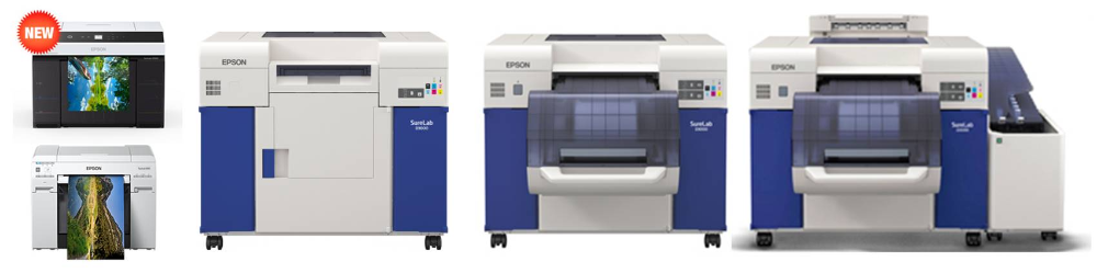 this is an image of the full range of Epson SureLab professional photo printers for professional labs school labs and retail photo printing